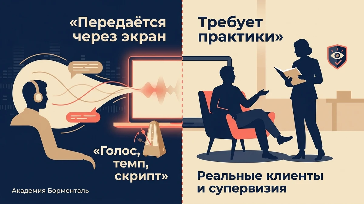Схема: чему можно научиться на обучении гипнозу онлайн и что требует практики с реальными клиентами