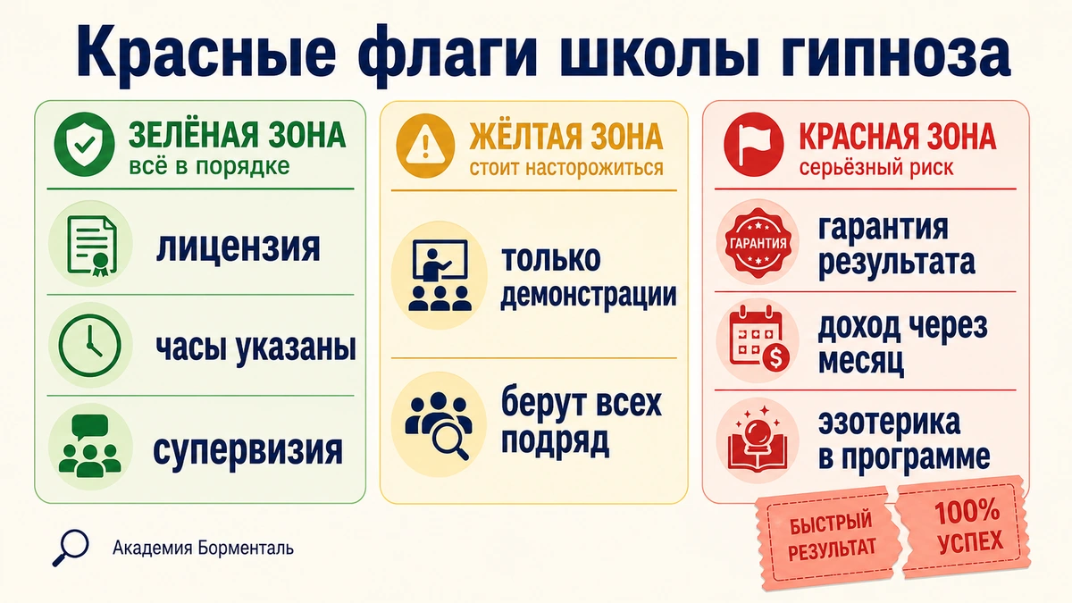 Красные флаги при выборе курсов гипноза: обещания, часы, практика