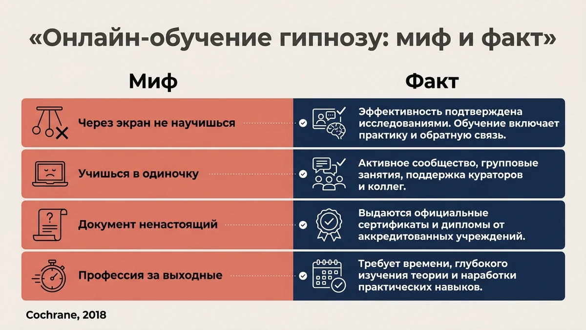 Инфографика: мифы и факты об обучении гипнозу онлайн