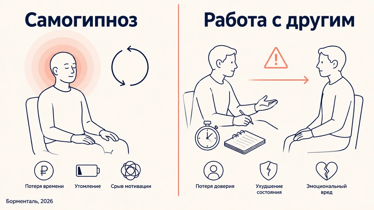 Схема сравнения: самогипноз и работа с другим человеком
