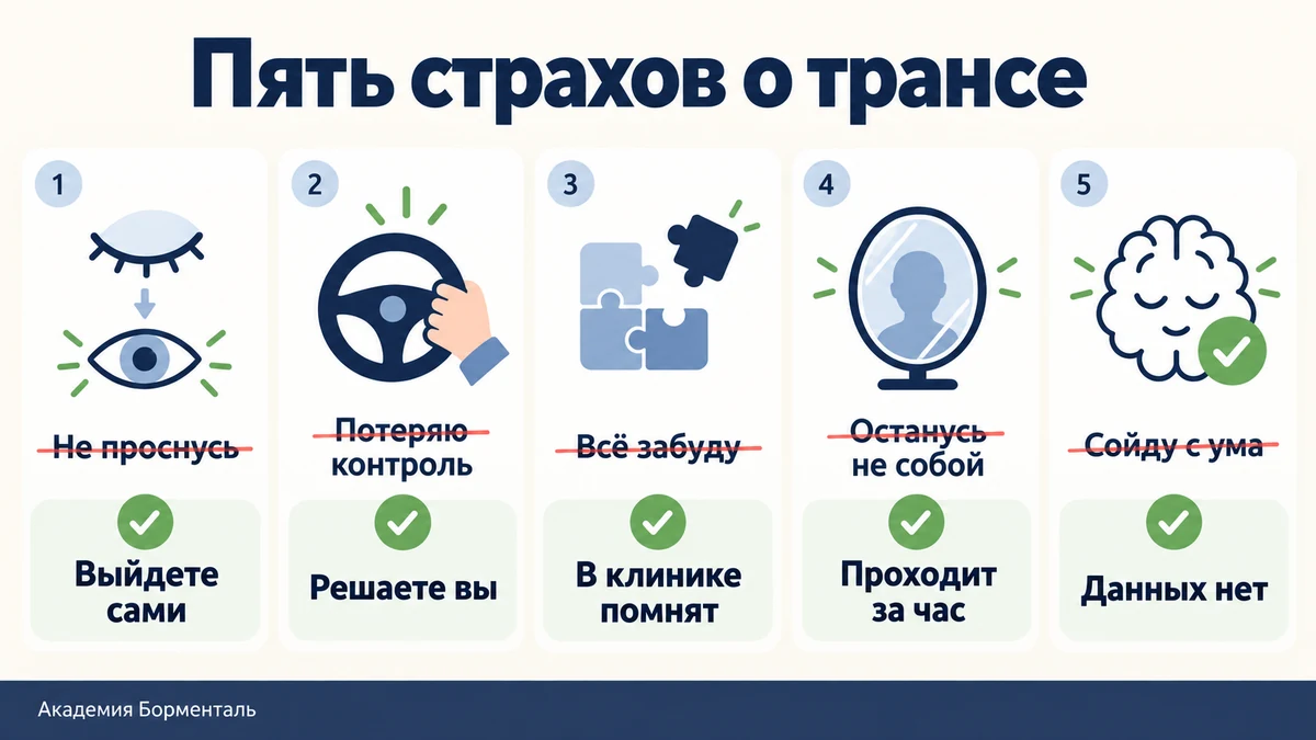 Инфографика-карточки: пять главных страхов о гипнотическом трансе и ответ науки на каждый из них; можно ли застрять в трансе