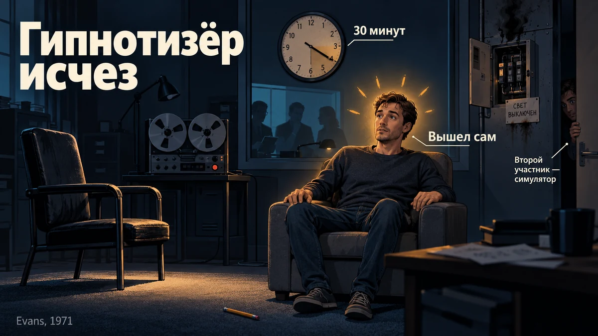 Иллюстрация эксперимента с исчезающим гипнотизёром: погасшая лампа, пустой стул гипнотизёра и человек, который сам открывает глаза; ответ на вопрос, можно ли застрять в трансе