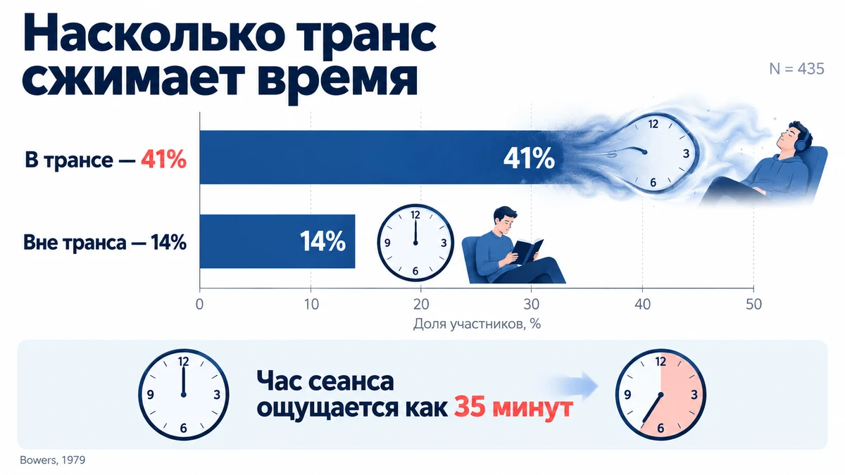 Инфографика: в гипнотическом трансе длительность недооценивается на 41%, вне транса на 14%; данные Bowers и Brenneman, 1979