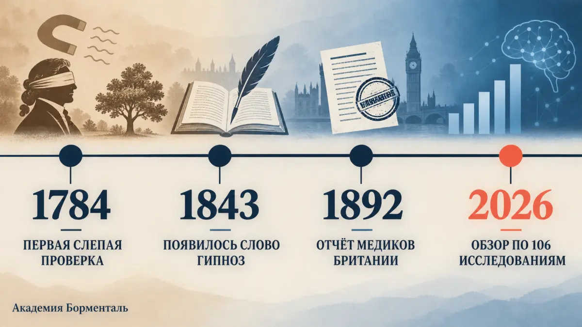 Ключевые даты в истории гипноза таймлайн истории гипноза: 1784 комиссия Франклина, 1843 термин Брэйда, 1892 отчёт BMA, 2026 систематический обзор