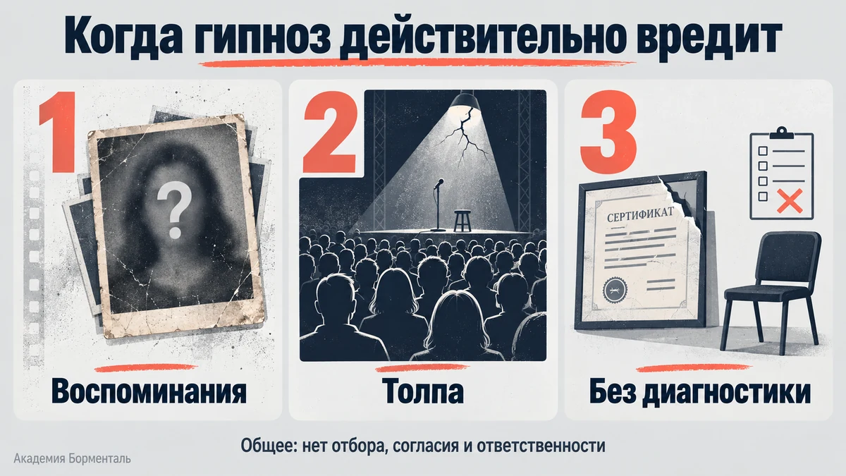 Когда гипноз вредит: три сценария — восстановление воспоминаний, массовые сеансы, специалист без клинической подготовки