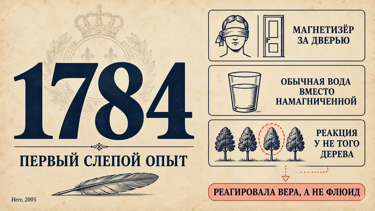 1784 год: первая слепая проверка в истории медицины история гипноза: схема опытов комиссии Франклина 1784 года с завязанными глазами и подменой намагниченных объектов