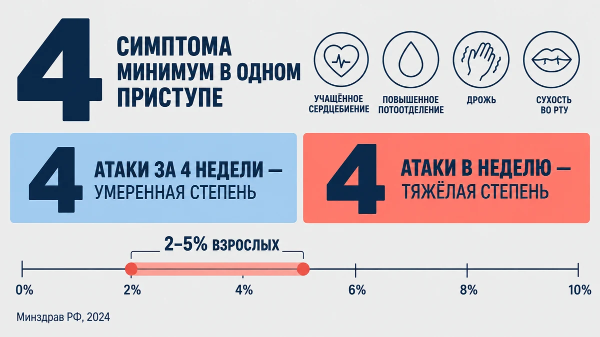 Критерии панического расстройства: четыре симптома, четыре атаки, инфографика