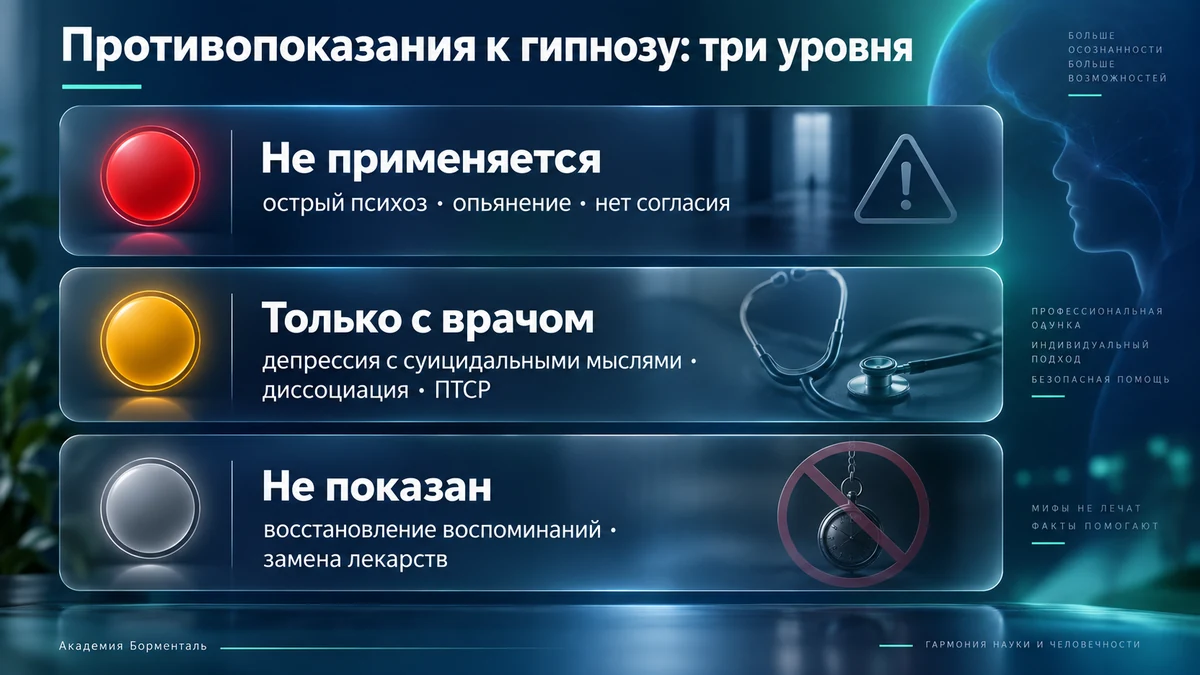 Противопоказания к гипнозу: три уровня — не применяется, требует осторожности, не показан