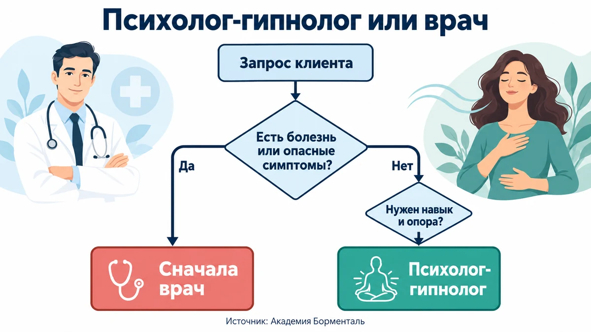 Дерево решений: когда клиенту подходит психолог-гипнолог, а когда нужен врач-психотерапевт