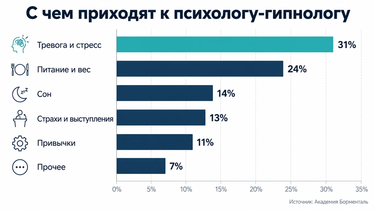С какими запросами приходят к психологу-гипнологу: тревога 31%, пищевое поведение 24%, сон 14%
